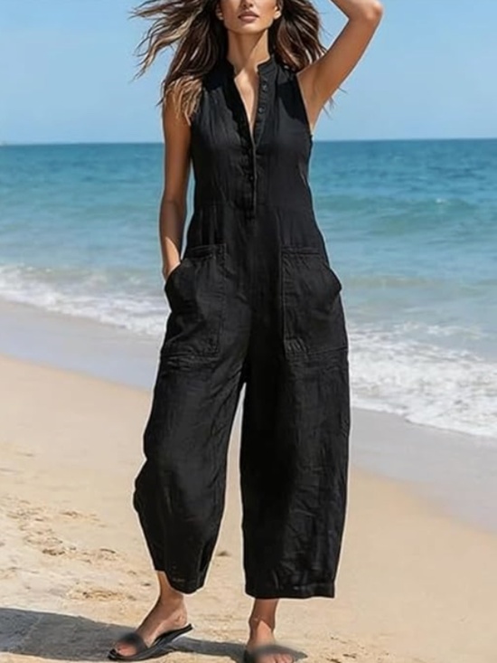 Pants - Black Linen Jumpsuit. Wide Leg. Sleeveless Half Button Linen Overall. M. NWOT